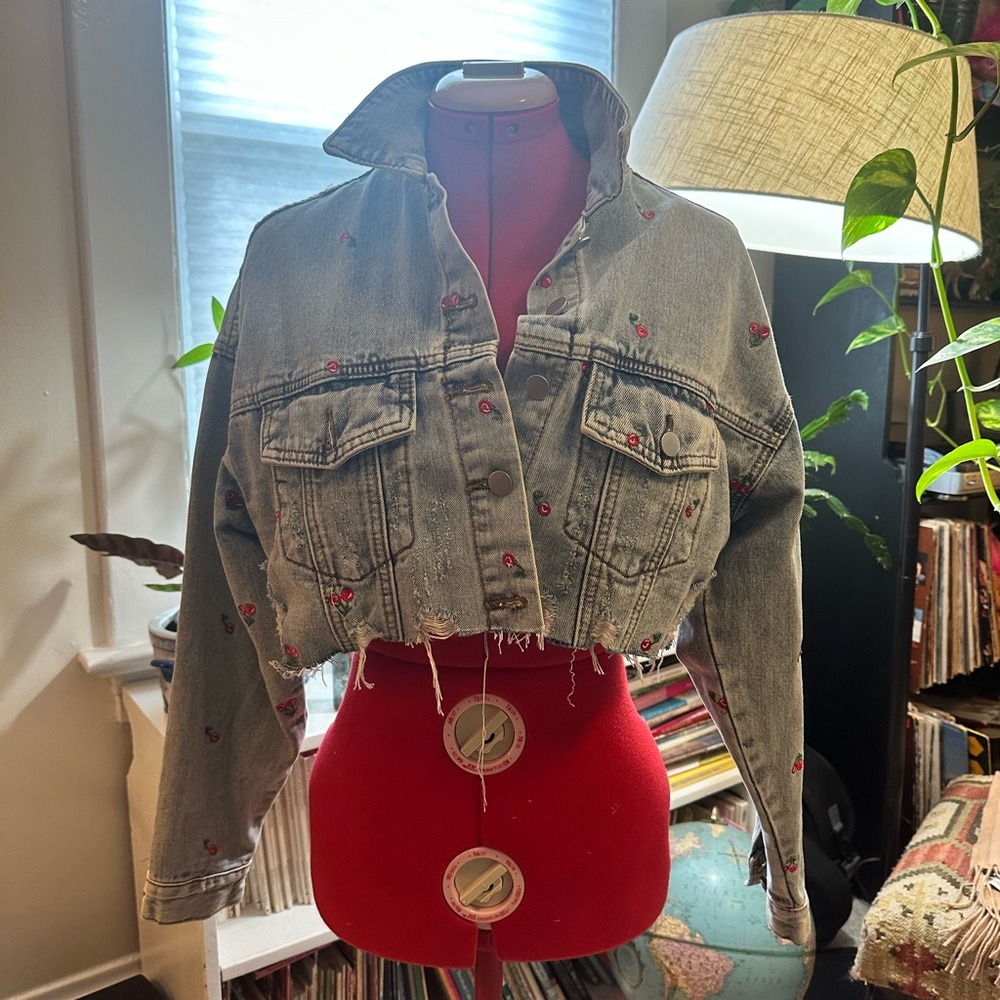Radical Cherry-Embroidered Cropped Denim Jacket